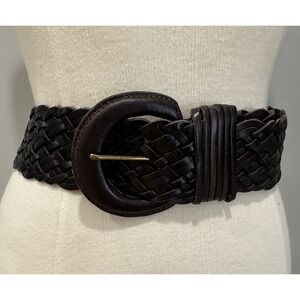 Vintage Genuine Leather Braided Woven Belt Brown Wide Buckle Y2K Boho M/L